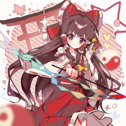  absurdres ascot between_fingers bow brown_eyes brown_hair chinese_commentary commentary_request detached_sleeves frilled_bow frilled_hair_tubes frilled_skirt frills gohei hair_bow hair_tubes hakurei_reimu highres holding holding_gohei holding_ofuda long_hair ofuda ofuda_between_fingers orb red_bow red_skirt ribbon-trimmed_sleeves ribbon_trim shanguang_san_he_yi_xiao_ci_guai skirt skirt_set torii touhou yellow_ascot yin_yang yin_yang_orb 