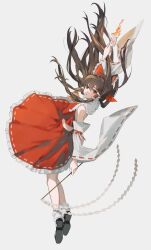 1girl arm_up ascot between_fingers black_shoes bow brown_hair chest_sarashi collared_shirt cropped_shirt detached_sleeves expressionless fire floating_clothes floating_hair frilled_bow frilled_hair_tubes frilled_skirt frills from_side full_body gohei grey_background hair_bow hair_floating_upwards hair_tubes hakurei_reimu highres holding holding_gohei holding_ofuda long_hair long_sidelocks long_sleeves looking_at_viewer looking_to_the_side midriff ofuda ofuda_between_fingers parted_lips red_bow red_eyes red_shirt red_skirt ribbon-trimmed_skirt ribbon-trimmed_sleeves ribbon_trim sarashi shirt shoes sidelocks simple_background skirt skirt_set sleeveless sleeveless_shirt socks solo touhou white_sleeves white_socks wide_sleeves yamiiv yellow_ascot 
