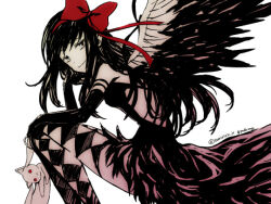  1girl akemi_homura akuma_homura animal argyle_clothes argyle_pantyhose back_slit bad_id bad_tumblr_id black_gloves black_hair black_wings blunt_bangs copyright_name dress elbow_gloves elbow_rest evil_smile feather_dress feathered_wings gloves hair_ribbon hairband hand_rest holding holding_animal image_sample kawasemi_sumika kyubey long_hair looking_at_viewer mahou_shoujo_madoka_magica red_eyes red_hairband red_ribbon ribbon signature smile squatting strapless strapless_dress tumblr_sample two-tone_pantyhose white_background wings 