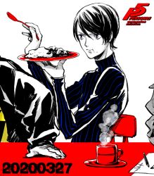  1girl 2boys annoyed arm_out_of_frame black_hair black_shirt blue_eyes blue_shirt chair copyright_name crumbs cup curry curry_rice eating food holding holding_food holding_plate holding_spoon kitagawa_yusuke long_sleeves looking_at_another mug multiple_boys niijima_makoto numbered official_art paper partially_colored pencil persona persona_5 plate red_mug rice saitou_rokuro sakamoto_ryuji shirt short_hair simple_background spoon steam steaming_cup striped_clothes striped_shirt table turtleneck turtleneck_shirt two-tone_shirt 