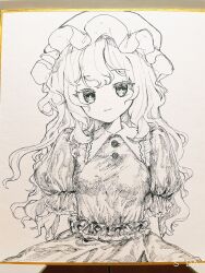  1girl absurdres arms_behind_back buttons collared_dress commentary_request cowboy_shot dress hat head_tilt highres ika_(ikachan_334) long_hair looking_at_viewer maribel_hearn mixed_media mob_cap monochrome photo_(medium) shikishi short_sleeves smile solo touhou traditional_media 