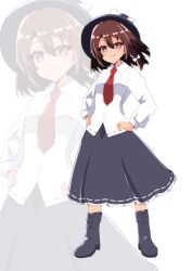  1girl asymmetrical_sidelocks black_boots black_hat black_skirt bone_vone boots bow brown_eyes brown_hair collared_shirt commentary_request film_grain frilled_skirt frills full_body hair_bow hands_on_own_hips hat hat_bow highres long_sleeves medium_hair necktie projected_inset red_necktie ribbon-trimmed_skirt ribbon_trim shirt sidelocks skirt smile standing touhou usami_renko white_background white_shirt 