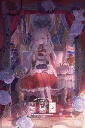  1girl animal animal_ears apron cat cat_ears chair commentary cup dress english_text flower frills highres holding holding_cup indoors long_hair long_sleeves maid_apron maid_headdress on_chair original red_eyes rose solo table umehara_sei untranslatable_commentary white_flower white_rose wide_sleeves 