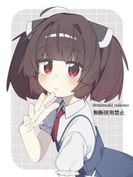  1girl :< ahoge blush brown_hair collared_shirt commentary_request from_above grid_background headgear highres looking_at_viewer looking_up mizusaki_nakono necktie puffy_short_sleeves puffy_sleeves red_eyes shirt short_hair short_sleeves solo suspenders touhoku_kiritan upper_body voiceroid 