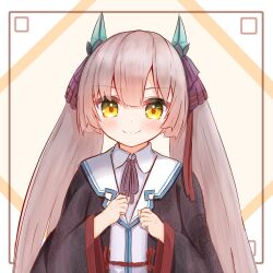  >:) 1girl black_robe blunt_bangs blunt_ends blush brown_hair clenched_hands closed_mouth collared_shirt commentary_request eyes_visible_through_hair fake_horns frapan_pan hair_between_eyes hands_up heaven_burns_red horns long_hair long_sleeves looking_at_viewer neck_ribbon ogasahara_hisame open_clothes open_robe purple_ribbon red_pupils ribbon robe shirt sidelocks simple_background smile smug solo split_mouth straight_hair twintails upper_body v-shaped_eyebrows very_long_hair white_shirt wide_sleeves yellow_background yellow_eyes 