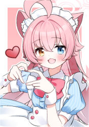  1girl :3 :d ahoge animal_ear_fluff animal_ears apron blue_archive blue_dress blue_eyes blush border bow bowtie cat_ears cat_girl circle_cut comiket_106 commentary_request contrast_collar crossed_bangs dress enmaided fang four-finger_heart_hands frilled_apron frills hair_between_eyes hair_flaps hair_intakes halo heart heart_hands heterochromia hoshino_(blue_archive) huge_ahoge kemonomimi_mode long_hair looking_at_viewer maid maid_apron maid_headdress open_mouth orange_eyes outline outside_border petako_(ptpt_k) pink_background pink_hair pink_halo red_bow red_bowtie short_sleeves sidelocks signature simple_background skin_fang smile solo twitter_username very_long_hair watermark white_apron white_border white_outline wrist_cuffs 