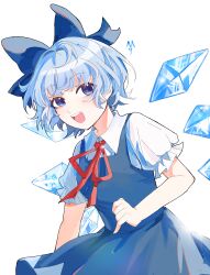  1girl blue_bow blue_dress blue_eyes blue_hair bow chinese_commentary cirno collared_shirt commentary_request detached_wings dress hair_bow highres ice ice_wings liu_xia_^q^ looking_at_viewer neck_ribbon open_mouth pinafore_dress puffy_short_sleeves puffy_sleeves red_ribbon ribbon shirt short_sleeves simple_background sleeveless sleeveless_dress smile solo touhou white_background white_shirt wings 