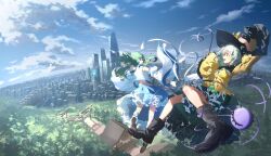  2girls absurdres black_boots black_hat black_shoes blue_skirt blue_sky boots bow building buttons clouds commentary_request contemporary day detached_sleeves diamond_button eyeball floating frilled_shirt_collar frilled_skirt frilled_sleeves frills green_eyes green_hair green_skirt hair_ornament hat hat_bow heart heart_of_string highres kinoko_(kino2435006) kochiya_sanae komeiji_koishi long_sleeves multiple_girls open_mouth outdoors shirt shoes shrine skirt sky skyscraper smile snake_hair_ornament socks third_eye torii touhou white_socks wide_sleeves yellow_bow yellow_shirt 