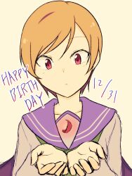  1girl 9rimson character_request commentary_request copyright_request crescent facing_viewer grey_shirt hands_up happy_birthday highres looking_down orange_hair own_hands_together purple_sailor_collar red_eyes sailor_collar shirt short_hair simple_background solo swept_bangs upper_body 