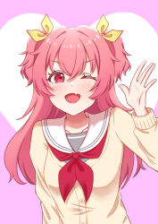  1girl ;d blush breasts cardigan collarbone commentary_request crossed_bangs dot_nose fang grey_shirt hair_between_eyes hair_ribbon hand_up heart heart_background highres long_hair long_sleeves looking_at_viewer mano_409 medium_breasts miyamasuzaka_girls'_academy_school_uniform momoi_airi neckerchief one_eye_closed open_mouth pink_background pink_hair project_sekai red_eyes red_neckerchief ribbon sailor_collar school_uniform serafuku shirt sidelocks simple_background skin_fang smile solo two_side_up upper_body white_sailor_collar yellow_cardigan yellow_ribbon 