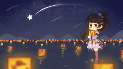  1girl brown_eyes brown_hair chibi closed_mouth commentary_request dress floating_hair hair_ornament highres idolmaster idolmaster_million_live! idolmaster_million_live!_theater_days kitazawa_shiho lantern lantern_on_liquid long_hair long_sleeves night no_lineart noto_(user_dajk3722) official_alternate_costume official_alternate_hairstyle outdoors paper_lantern ponytail purple_dress shooting_star sky smile solo standing star_(sky) starry_sky water 