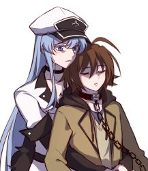  1boy 1girl ahoge akame_ga_kill! blue_eyes blue_hair brown_hair brown_jacket chain chinese_commentary commentary_request esdeath hat highres hood hood_down hug jacket long_hair parted_lips short_hair simple_background sweater tatsumi_(akame_ga_kill!) white_background white_hat zhiab 