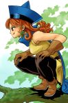  alena_(dq4) armpits dragon_quest dragon_quest_iv dress earrings gloves hat jewelry long_hair mimonel orange_hair pantyhose squat squatting tongue yellow_dress 