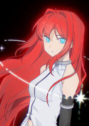  1girl absurdres ahoge aozaki_aoko armlet bare_shoulders befoufou174773 black_background black_gloves blue_eyes blurry blurry_foreground breasts chromatic_aberration commentary_request dress eight-pointed_star elbow_gloves floating_hair gloves glowing glowing_hair hair_intakes highres jewelry long_hair looking_at_viewer mahou_tsukai_no_yoru midriff navel parted_lips red_hair sidelocks simple_background sleeveless sleeveless_dress solo super_aoko upper_body white_dress 