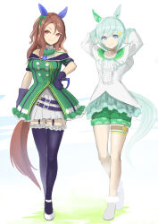  2girls absurdres animal_ears arms_behind_head bare_shoulders black_gloves black_thighhighs blue_eyes bow breasts brown_choker brown_hair buttons choker closed_mouth coat commentary_request double-breasted dress ear_bow ear_covers ear_ribbon flower frilled_thighhighs frills gloves green_bow green_dress green_sailor_collar green_shorts grey_hair hair_between_eyes hair_flower hair_ornament hairclip highres horse_ears horse_girl horse_tail king_halo_(king_of_emeralds)_(umamusume) king_halo_(umamusume) kyuusanshiki layered_shirt long_hair long_sleeves looking_at_viewer medium_breasts multiple_girls off-shoulder_coat off-shoulder_dress off_shoulder open_mouth red_eyes sailor_collar seiun_sky_(reeling_in_the_big_one)_(umamusume) seiun_sky_(umamusume) shirt shoes short_hair shorts single_ear_cover small_breasts smile sunflower sunflower_hair_ornament tail teeth thigh-highs umamusume white_thighhighs 