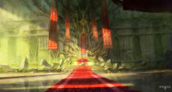  banner highres indoors kurasuta no_humans original red_carpet rubble scenery stairs sunlight throne throne_room 