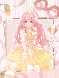  1girl aircraft artist_request bead_hairband bow brown_eyes chinese_commentary choker commentary_request commission confetti cowboy_shot dot_nose dress dress_bow eyelashes eyes_visible_through_hair fingerless_gloves floral_print gloves gown halftone hand_on_own_chest hat highres hot_air_balloon light_blush long_dress long_hair long_sidelocks looking_at_viewer nikki_(nikki) nikki_(series) nikki_up2u2:_world_traveller offering_hand open_mouth outline outside_border party_hat pink_background pink_hair pleated_dress pom_pom_(clothes) print_dress red_ribbon ribbon rose_print second-party_source shadow shawl short_sleeves sidelocks smile solo sparkle striped_background striped_clothes striped_headwear torn_bow vertical-striped_background vertical-striped_sleeves very_long_hair waist_bow wavy_hair white_bow white_outline white_sleeves yellow_bow yellow_choker yellow_dress yellow_gloves yellow_hat yellow_shawl 