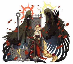  absurdres ashensol axe black_skin blonde_hair colored_skin crossed_legs dizzy_(guilty_gear) flower guilty_gear guilty_gear_strive hair_flower hair_ornament highres hood long_hair looking_at_viewer necro_(guilty_gear) official_alternate_color official_alternate_hair_color pantyhose queen_dizzy red_shoes ribbon shoes tail tail_ornament tail_ribbon undine_(guilty_gear) very_long_hair wings 