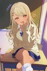  +++ absurdres blonde_hair blue_bow blue_bowtie blue_skirt blush bow bowtie brown_cardigan cardigan classroom collarbone_peek crossed_legs dark-skinned_female dark_skin desk earrings fingernails hair_ornament heart highres jewelry kaminari_qpi lightning_bolt_earrings lightning_bolt_symbol long_fingernails long_hair looking_at_viewer loose_bowtie loose_socks mea_mememea on_desk open_mouth orange_eyes orange_nails sidelocks sitting skirt smile socks swept_bangs thighs virtual_youtuber vspo! wavy_hair x_hair_ornament 