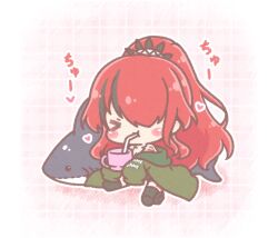  >_< 1girl bendy_straw black_hair black_thighhighs blush_stickers chibi closed_eyes colored_shadow commentary_request cup drinking_straw green_jacket hair_over_one_eye highres holding holding_cup jacket lain_paterson lain_paterson_(1st_costume) long_hair long_sleeves mitarashi_neko mug multicolored_hair nijisanji off_shoulder open_clothes open_jacket outline ponytail puffy_long_sleeves puffy_sleeves red_hair shadow sitting sleeves_past_fingers sleeves_past_wrists solo streaked_hair stuffed_animal stuffed_shark stuffed_toy thigh-highs translation_request very_long_hair virtual_youtuber white_outline 