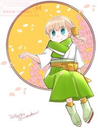  1girl blonde_hair blue_eyes cherry_blossoms commentary_request dated dougi green_hakama green_scarf hakama izumiyamisono japanese_clothes kantai_collection long_hair scarf shin'you_(kancolle) shin'you_kai_ni_(kancolle) side_ponytail sitting smile socks solo twitter_username watermark yellow_socks 