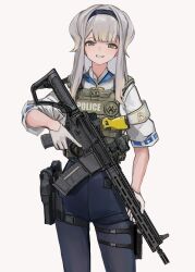  1girl absurdres armband black_hairband blue_eyes bulletproof_vest commentary_request gloves grin gun hairband handgun highres holding holding_weapon lithographica long_hair looking_at_viewer nijisanji pants police shioriha_ruri shioriha_ruri_(1st_costume) shirt smile solo t-shirt thigh_sheath virtual_youtuber weapon weapon_request white_armband white_background white_gloves white_hair 