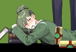  2boys blush book book_stack brown_eyes can commentary_request drink_can drooling drunk enkephalin_(project_moon) enperaa eyebrow_cut green_background green_hair highres library_of_ruina lying male_focus multiple_boys netzach_(project_moon) on_stomach ponytail project_moon soda_can 