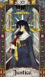 1girl bird black_hair blood blood_on_clothes breasts capelet card_(medium) closed_mouth clouds cloudy_sky commentary_request cowboy_shot dress english_text fish flower flower_ornament from_side grey_cloak grey_dress hand_up highres holding holding_own_hair holding_sword holding_weapon justice_(tarot) layered_sleeves long_hair long_sleeves looking_down looking_to_the_side medium_breasts nose original pillar profile shaded_face sky solo sweat sword tarot tarot_(medium) thai_commentary unholymilk violet_eyes water weapon weighing_scale wheat white_capelet white_flower wide_sleeves 