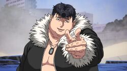  1boy alternate_body_size black_hair black_jacket commentary_request dog_tags fat fur-trimmed_sleeves fur_trim head_tilt ishigori_ryu jacket jujutsu_kaisen long_sleeves looking_at_viewer male_focus okyaaaaaan outdoors pointing pointing_at_viewer pompadour scene_reference smile solo upper_body 