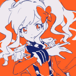  1girl aikatsu!_(series) aikatsu_stars! arm_at_side bow commentary_request copyright_notice dot_nose hair_bow hand_up highres koke_(koke7) limited_palette long_hair long_sleeves looking_at_viewer nijino_yume orange_background orange_bow orange_eyes partially_colored revision s4_uniform solo twintails upper_body v-shaped_eyebrows wavy_hair wavy_sidelocks 