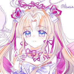  1girl arm_warmers armlet artist_name back_bow bare_shoulders bead_necklace beads blonde_hair blue_eyes bow bowtie choker cone_hair_bun double_bun dreamtime_bestowed_(infinity_nikki) dress eyelashes frilled_arm_warmers frills gem gem_hair_ornament gradient_eyes grey_bow hair_bow hair_bun hair_ribbon halo happy heart-shaped_gem holding holding_spoon infinity_nikki jewelry jintiannihezhoulema99294 large_bow long_hair long_sidelocks multicolored_eyes neck_ribbon necklace nikki_(series) open_mouth oversized_object parted_bangs pink_bow pink_choker pink_gem pink_ribbon ribbon ribbon_earrings sidelocks simple_background sleeveless sleeveless_dress smile solo spaghetti_strap spoon sprinkles twintails two-tone_eyes upper_body very_long_hair violet_eyes white_arm_warmers white_background white_bow white_bowtie white_dress wrist_bow 