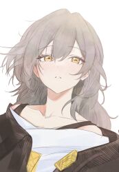  1girl absurdres bare_shoulders black_jacket blush collarbone commentary_request cropped_torso eyelashes grey_hair hair_between_eyes highres honkai:_star_rail honkai_(series) jacket kcmc_story lapels long_hair looking_ahead off-shoulder_shirt off_shoulder open_clothes open_jacket shirt simple_background single_sidelock solo stelle_(honkai:_star_rail) t-shirt teeth trailblazer_(honkai:_star_rail) upper_body white_background white_shirt yellow_eyes 