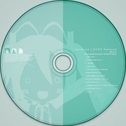  1girl 3d :d absurdres antenna_hair arms_up blush cd chibi commentary detached_sleeves english_commentary english_text fake_cd_design fang grey_background hachune_miku hatsune_miku highres kio_(majin_kz) mikumikudance_(medium) necktie o_o skin_fang smile vocaloid 