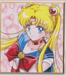 1girl bishoujo_senshi_sailor_moon blonde_hair blue_eyes blue_sailor_collar bow breasts bubble_background chikoto_(kztc4472) choker closed_mouth collarbone commentary crescent crescent_choker crescent_earrings double_bun earrings from_above gem gold_tiara hair_bun hair_ornament highres jewelry leotard lone_nape_hair long_hair looking_at_viewer looking_up magical_girl medium_breasts parted_bangs photo_(medium) picture_frame pink_background red_bow red_choker red_gem sailor_collar sailor_moon sailor_senshi_uniform short_sleeves smile solo tiara traditional_media transformation_brooch_(sailor_moon) tsukino_usagi twintails upper_body white_leotard 