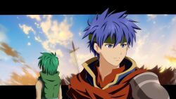  2boys blue_eyes blue_hair closed_mouth commentary_request fire_emblem fire_emblem:_path_of_radiance green_hair headband highres ike_(fire_emblem) male_focus multiple_boys planted planted_sword short_hair sky sothe_(fire_emblem) sword toshi_(toshi10416) weapon 