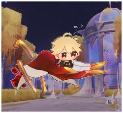  1boy 1other aether_(genshin_impact) ahoge blonde_hair braid chibi creature disembodied_hand english_commentary english_text floating genshin_impact hair_between_eyes highres holding holding_mini_person mini_person mlem monster_boy night outdoors screenshot screenshot_background single_braid sitting yellow_eyes 