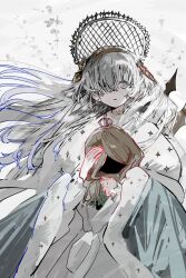  1girl anastasia_(fate) blue_eyes cloak crown doll dress fate/grand_order fate_(series) hair_over_one_eye highres holding holding_doll long_hair looking_at_viewer mini_crown royal_robe solo tiara upper_body vihua6 viy_(fate) white_background white_hair 