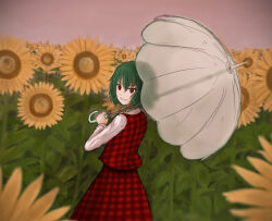  1girl field flower flower_field green_hair holding holding_umbrella kashiwada_kiiho kazami_yuuka long_sleeves plaid_clothes plaid_shirt plaid_vest red_eyes red_skirt red_vest shirt short_hair skirt smile solo standing sunflower sunflower_field touhou transparent transparent_umbrella umbrella vest white_shirt white_umbrella 
