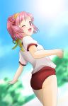  ;d blush buruma double_bun ever_17 flat_chest from_behind gym_uniform hair_bobbles hair_ornament hair_ribbon hairband lens_flare looking_back min open_mouth outdoors pink_eyes pink_hair ribbon short_hair short_twintails sky smile solo standing sun twintails wink yagami_coco 