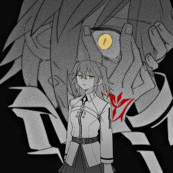  1girl ahoge chaldea_logo command_spell covering_face fate/grand_order fate_(series) fujimaru_ritsuka_(female) fujimaru_ritsuka_(female)_(normal_chaldea_uniform) gachide_erai greyscale hair_between_eyes highres jacket long_sleeves looking_at_viewer medium_hair monochrome open_mouth shirt smile spot_color tearing_up white_jacket white_shirt yellow_eyes 