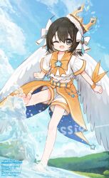  1girl barefoot black_hair bow commission crown english_commentary feathered_wings one_eye_closed original shirt short_sleeves shorts skeb_commission solo white_shirt white_wings wings yuuhagi_(amaretto-no-natsu) 