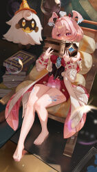  1girl absurdres barefoot blush book chair commentary_request dress feet genshin_impact hair_ornament head_wings highres holding holding_book jacket leg_tattoo li_feng_(user_hvnc4748) linnea_(genshin_impact) lumi_(genshin_impact) pink_eyes pink_hair pointy_ears red_dress sitting solo tattoo toes white_jacket white_sleeves wings 
