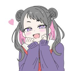  1girl :d black_hair blush brown_dress cardigan colored_inner_hair commentary_request double_bun dress fang flower hair_bun hair_flower hair_ornament hasu_no_sora_school_uniform heart highres link!_like!_love_live! long_hair long_sleeves looking_at_viewer love_live! multicolored_hair neckerchief open_mouth pink_hair purple_cardigan red_neckerchief sailor_collar sailor_dress school_uniform shirin_mion sleeves_past_wrists smile solo two_side_up violet_eyes watage_hiyoko white_flower white_sailor_collar winter_uniform 