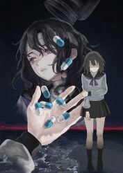 1girl bandaged_head bandaged_neck bandages beach black_hair commentary_request expressionless grey_eyes highres horizon juusan_kihei_bouei_ken medicine medicine_bottle medium_hair multiple_views night parted_lips pill sallow_artist school_uniform serafuku shinonome_ryouko_(juusan_kihei_bouei_ken) skirt 