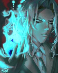  1boy blue_fire closed_mouth commentary_request eyelashes fingernails fire grey_hair highres lips maau1jyun2 male_focus necktie pyrokinesis signature solo tiger_&amp;_bunny yuri_petrov 