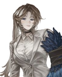  1girl blue_eyes breasts brown_hair choker commentary_request highres large_breasts light_blush light_smile limbus_company lips looking_down nose official_alternate_hairstyle project_moon ring_(identity)_(project_moon) rodion_(project_moon) suit upper_body 