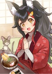  1girl :d @-you_(you_2023_8_16) alternate_costume alternate_hairstyle animal_ears architecture black_hair blush cat chopsticks commentary_request double-parted_bangs east_asian_architecture fingernails food hair_ornament hairclip haori highres hololive indoors jacket japanese_clothes kotatsu layered_sleeves long_hair long_sleeves looking_at_viewer makizushi multicolored_hair noodles ookami_mio open_mouth own_hands_clasped own_hands_together pink_nails ponytail red_haori red_jacket red_streaks ribbed_shirt shirt shouji sidelocks single_hair_streak sliding_doors smile solo streaked_hair sushi table tatami tawa_(ookami_mio) turtleneck turtleneck_shirt udon upper_body very_long_hair virtual_youtuber white_shirt wolf_ears yellow_eyes 