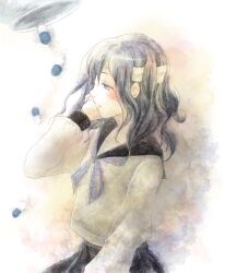  1girl bandaged_head bandages expressionless grey_eyes grey_hair highres juusan_kihei_bouei_ken kariko medicine medicine_bottle pill profile school_uniform serafuku shinonome_ryouko_(juusan_kihei_bouei_ken) skirt solo 