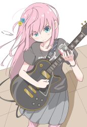  1girl black_shirt bocchi_the_rock! cube_hair_ornament electric_guitar gibson_les_paul gotoh_hitori grey_skirt guitar hair_ornament highres holding holding_guitar holding_instrument holding_plectrum instrument kureijii_saiko long_hair music one_side_up pants pants_under_skirt pink_hair pink_pants playing_instrument pleated_skirt plectrum shirt short_sleeves skirt solo sweatpants t-shirt track_pants 