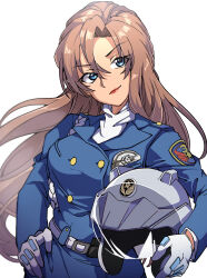  1girl absurdres belt blue_eyes blue_jacket breasts brown_hair buttons closed_mouth commentary_request gloves gokuu_(acoloredpencil) hagiwara_chihaya hair_between_eyes hand_on_own_hip head_tilt helmet highres holding holding_unworn_helmet jacket large_breasts lipstick long_hair long_sleeves looking_at_viewer makeup meitantei_conan motorcycle_helmet parted_bangs police police_uniform policewoman red_lips shirt simple_background solo standing turtleneck unworn_headwear unworn_helmet white_background white_belt white_gloves white_shirt 